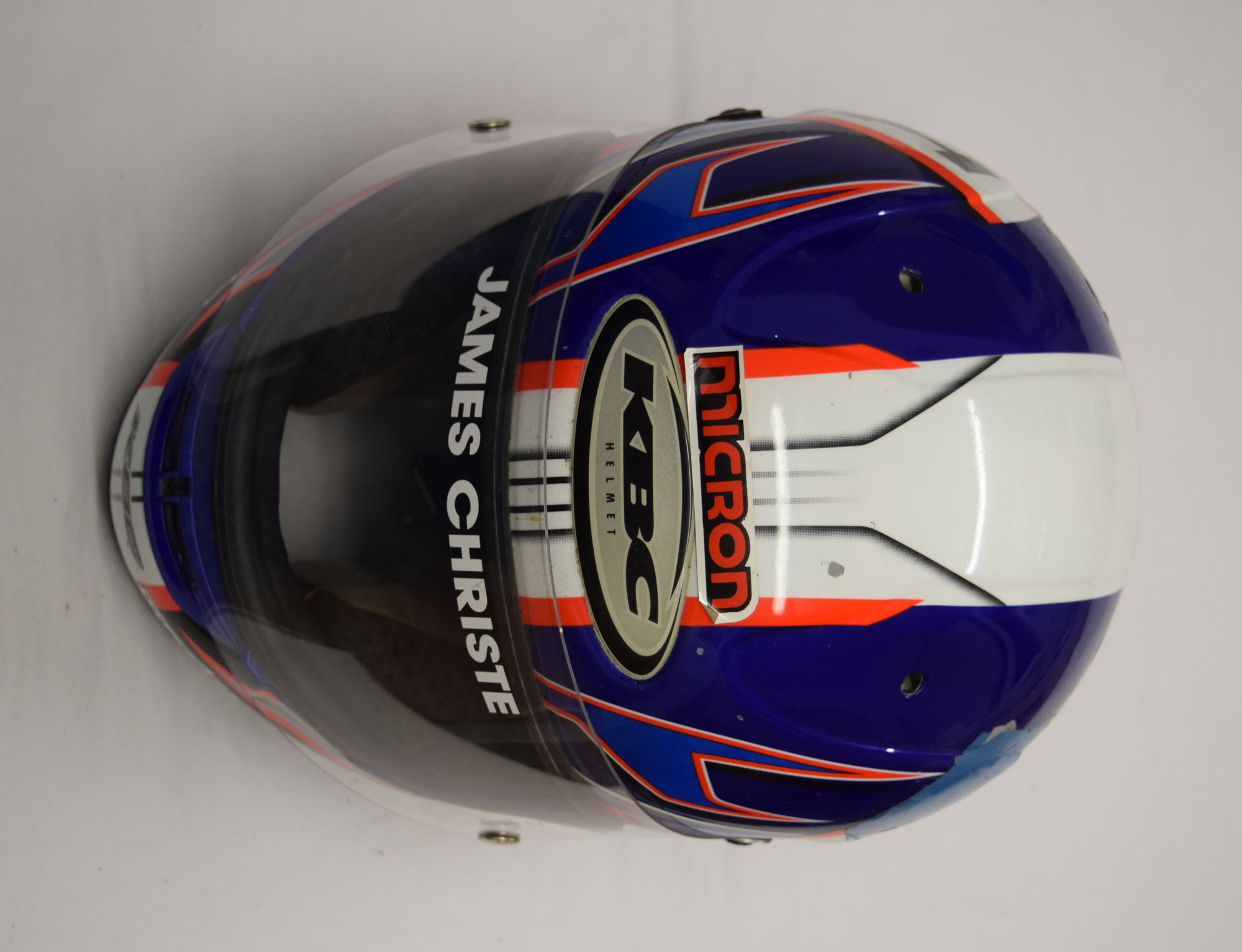 KBC motorcycle helmet belonging to James Christie. Dark blue helmet